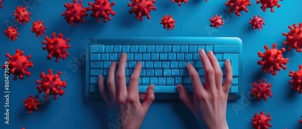 Fototapeta Hands Typing on Keyboard Surrounded by Red Virus Models on Blue Background - Concept of Digital Pandemic