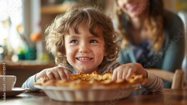 Fototapeta A happy child smiles eagerly as they are about to enjoy a delicious pie freshly baked in the cozy and warm atmosphere of a home kitchen.