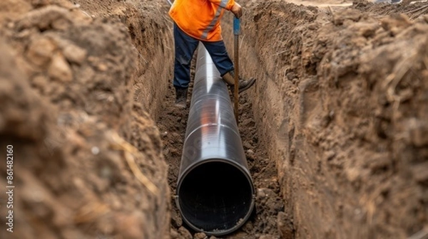 Obraz Worker installing a large pipeline in a trench, showcasing construction and infrastructure development in a close-up view.
