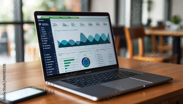 Fototapeta Laptop with financial charts on screen, exuding professionalism and focus, capturing the essence of modern business and digital technology
