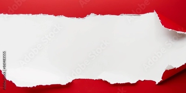 Fototapeta Torn hole paper background. An overhead view of red torn paper revealing a white background for dramatic contrast. Ideal for announcements promotions