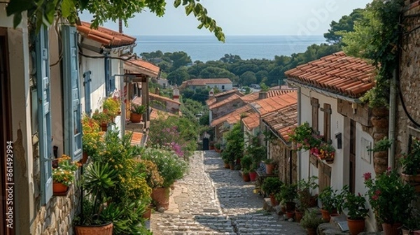 Fototapeta A Coastal Village Path With Vibrant Blooms and the Sea in the Distance. Generative AI