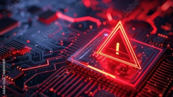 Obraz Data server, red warning triangle, circuit board background, front view, highlights critical error, technology tone, complementary color scheme