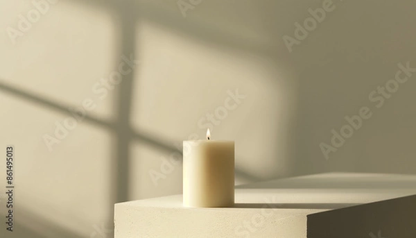 Fototapeta A white candle sits on a sunlit surface, casting soft shadows and creating a serene, tranquil ambiance, perfect for moments of relaxation and reflection
