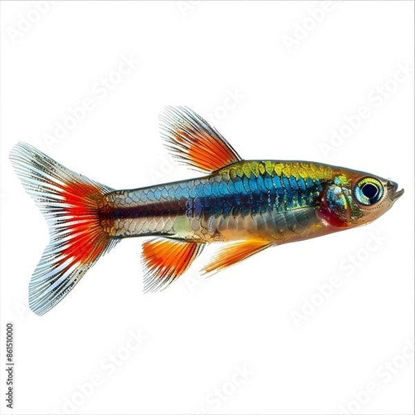 Fototapeta Vibrant Endler s Livebearer with Iridescent Scales and Fan like Tail  Isolated on White Background