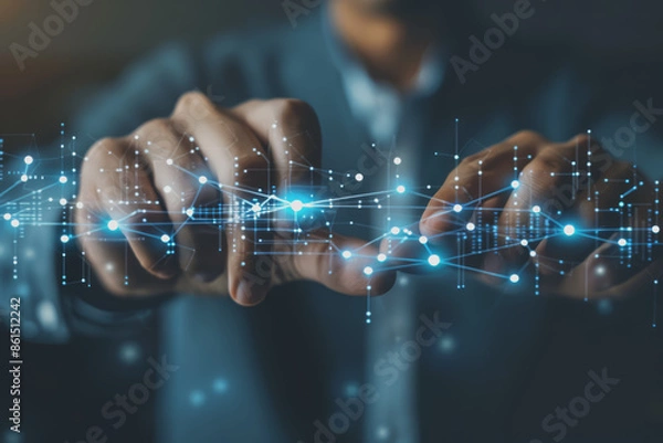 Fototapeta Abstract background of technology with touching hands of a businessman.