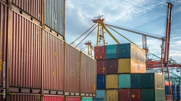 Obraz A stack of shipping containers at a port, with cranes and industrial machinery in the background, captured in a raw photo style