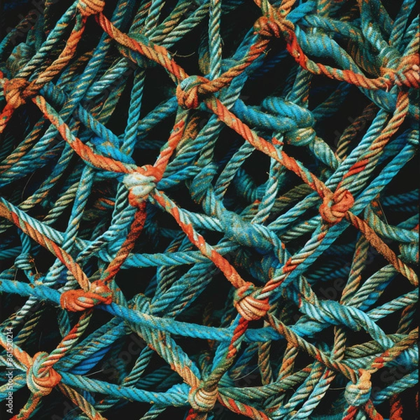 Fototapeta A detailed photograph of fishing nets and ropes with intricate knotting, capturing the texture and intricacy
