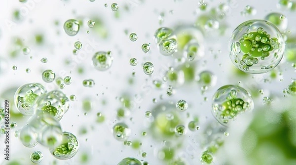 Fototapeta Ethereal underwater scene with translucent bubbles, algae cells, and water droplets revealing emission phenomena