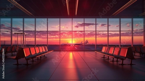 Fototapeta An empty airport terminal with rows of red chairs overlooks a stunning, serene sunset through large glass windows, with airplanes on the tarmac creating a tranquil travel atmosphere.