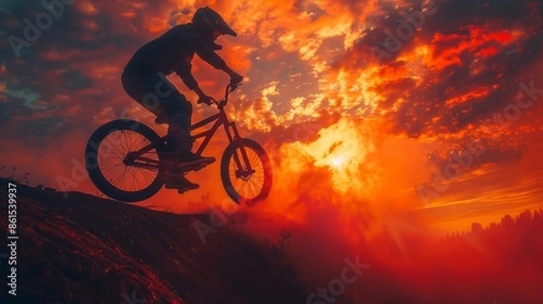 Fototapeta Silhouette of cyclist performing stunt at sunset