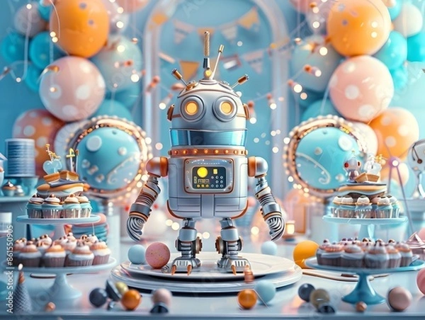 Fototapeta Futuristic Robotic Birthday Party with Metallic Sci Fi and Cake