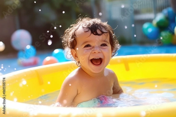 Obraz Cute Happy Child Swimming in Inflatable Pool