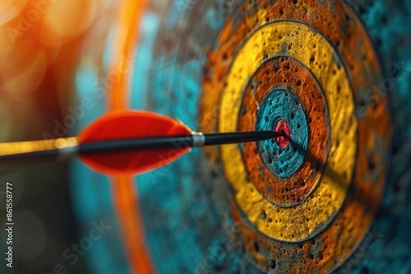 Fototapeta Center-hit bright target with a dart, illustrating the themes of goal achievement, good fortune, and correct choices