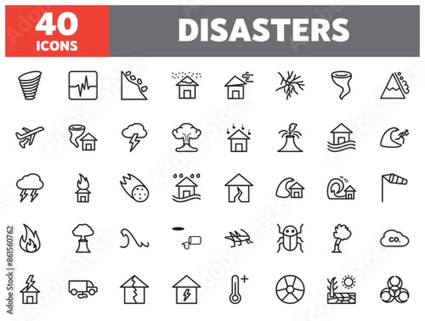 Fototapeta Set of 40 line icons disasters. Outline icon collection. Editable stroke. Vector illustration.