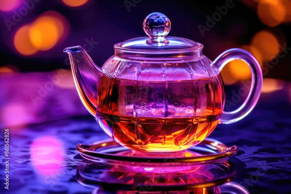 Obraz Transparent Glass Teapot with Tea on Blurred Purple Background