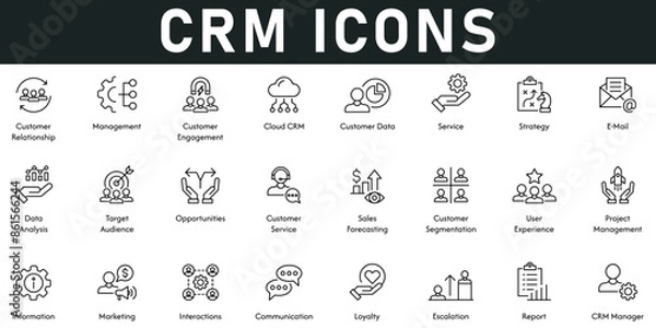 Fototapeta Customer Relationship management CRM Icons vector illustration with thin line editable stroke contains engagement, cloud CRM, customer data, service, strategy, data analysis, target audience, sales