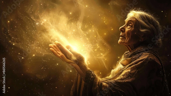Obraz An elderly woman prays with outstretched hands, receiving a gift from heaven. The hands of the gray-haired woman are illuminated by golden light. Religion concept.