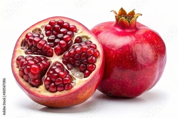 Obraz Fresh ripe pomegranate with cut in half isolated on white background.