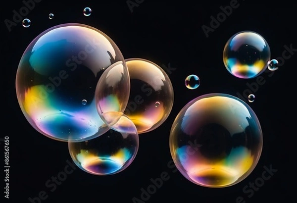 Fototapeta Many colorful soap bubbles on black background with copy space