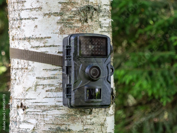 Obraz Camouflaged hunting camera on tree trunk. Hunting trail camera in forest. Nature observation opportunities