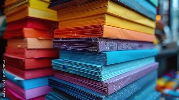 Fototapeta Stacks of colorful paper in vibrant and varied hues, orderly arranged, showcase a rich palette and potential for creativity, art, and organized expression.
