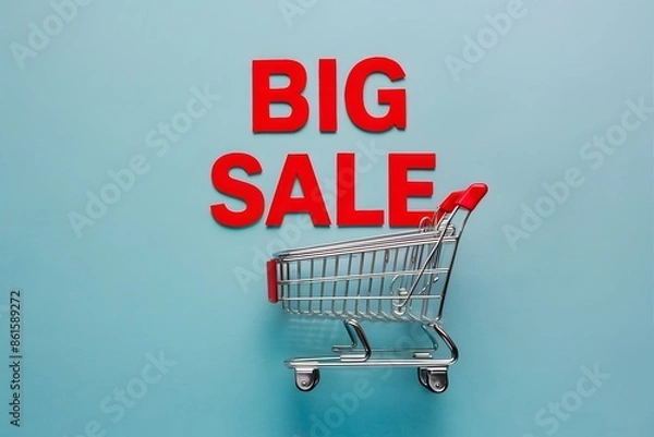 Obraz White background, BIG SALE in red above miniature silver shopping cart