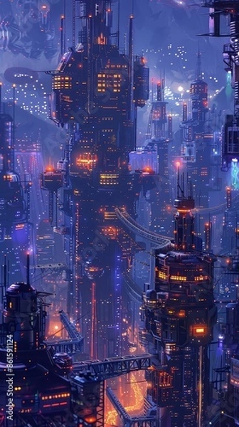 Fototapeta Hightech port with glowing neon lights, selfoperating cranes, Scifi, High detail, Digital painting