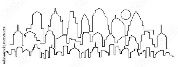 Obraz Light gray cityscape background. City buildings with trees at park view. Monochrome urban landscape with street. Modern architectural panorama in flat style. Vector illustration horizontal wallpaper