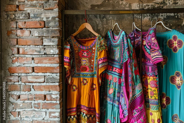 Obraz Multi-coloured traditional vietnamese dresses with bright fabric and patterns placed against brick wall with hanger