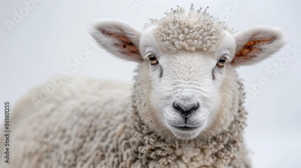 Fototapeta A portrait of a sheep with curly wool and a charming expression, captured in a minimalist style, emphasizing simplicity and the natural beauty of this farm animal.