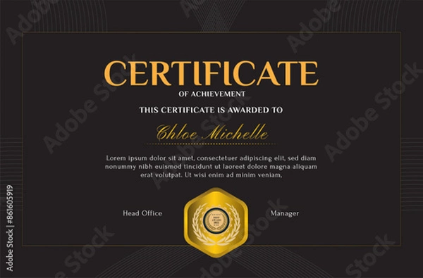 Fototapeta Elegant black and gold blue diploma certificate template with luxury badge and modern line pattern. For award, business, and education needs. Use for print, certificate, diploma, graduation