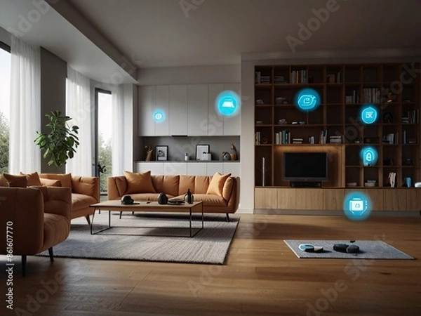 Obraz illustrate the concept of the Internet of Things with an image of a smart home, featuring various connected devices and appliances, shot from a low angle with a wide-angle lens