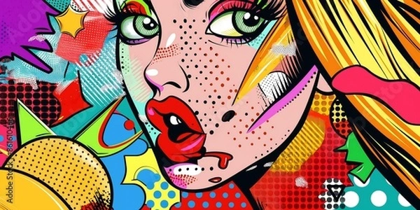 Obraz Pop Art Comic Characters Whimsical abstract background with stylized pop art comic characters, bold outlines, and vibrant color blocks. 