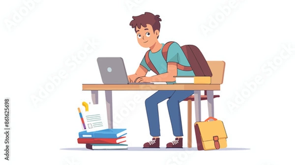 Obraz Student Boy Character Seated At Desk with Laptop Pape