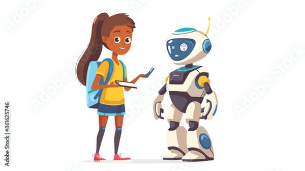 Obraz Student Girl Character Learning Robot. Friendly 