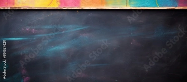 Fototapeta Colorful chalk placed in front of a blackboard, providing a vivid visual with a blank space for content, also known as a copy space image.