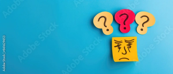 Fototapeta Hand-Drawn Sticky Notes Questions and Confused Person Face Expression Drawing Isolated on Vibrant Blue Background Banner with Empty Copy Space for Text. Confusion, Q & A, FAQ Stickers Concept Backdrop