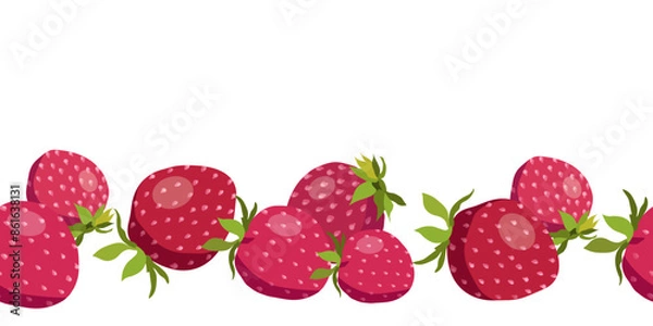 Fototapeta Red delicious strawberries on white background. Ripe fruit. Food vector illustration. Seamless border.