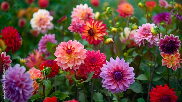 Fototapeta Field of Vibrant Dahlias in Full Bloom
