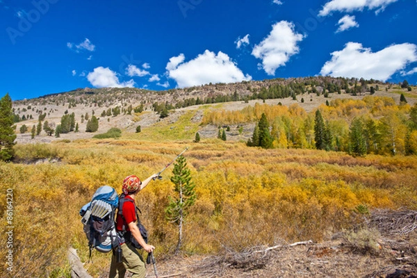 Obraz Backpacker enjoying fall colors in Eastern Sierra,  best place to see fall foliage in California