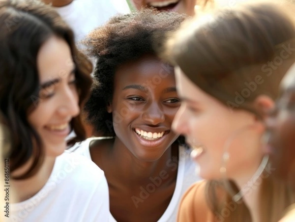 Obraz Diverse College Students Sharing a Joyful Moment in a Sunny Campus Courtyard