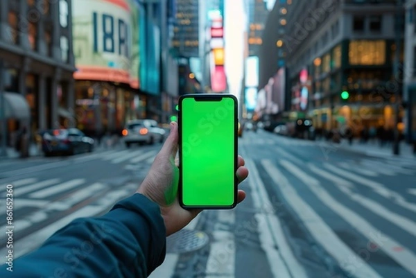 Obraz Mockup of a Smartphone with Green Screen Held by a Hand on a Bustling Street