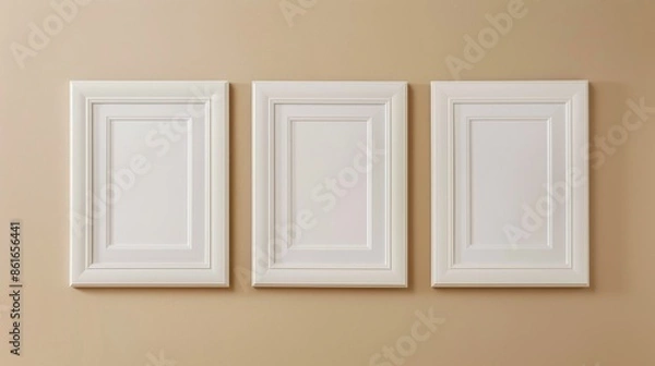 Fototapeta Three White Frames on Off-White Wall, Linear Display