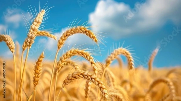 Fototapeta Golden wheat field under a bright blue sky with fluffy white clouds. Perfect representation of agriculture, nature, and harvest season.