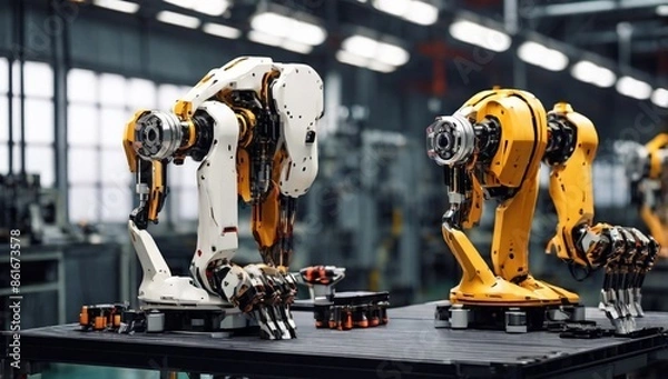Fototapeta MLP Mechanized industry robot and robotic arms for assembly in factory production. Concept of artificial intelligence for industrial revolution and automation manufacturing process.