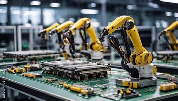 Fototapeta Advanced High Precision Robot Arms on Fully Automated PCB Assembly Line Inside Modern Electronics Factory. Electronic Devices Production Industry. Component Installation on Circuit Board