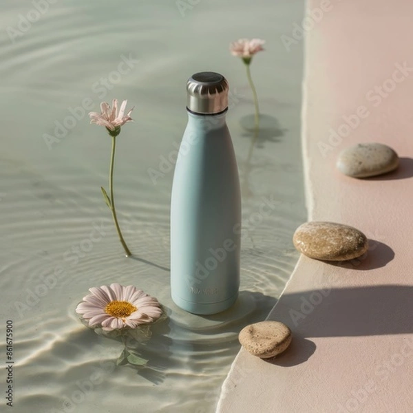 Obraz A blue water bottle with colorful flowers and rocks placed on a table, creating a serene and natural ambiance.