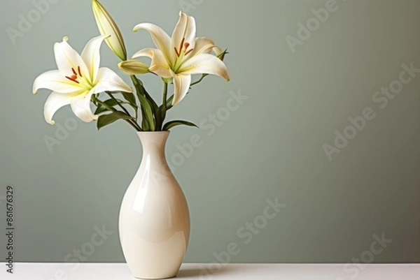 Fototapeta Elegance in Simplicity: Beautiful Realistic Photo of White Lily in Vase on Serene White Background