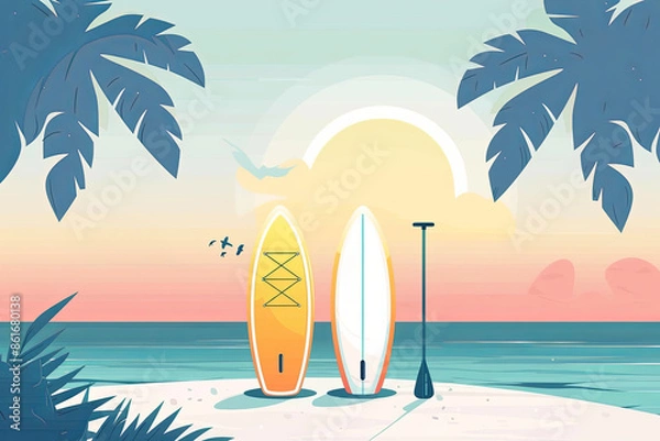 Fototapeta Range of Paddle Boards Resting in the Palms. Website Banner Concept
